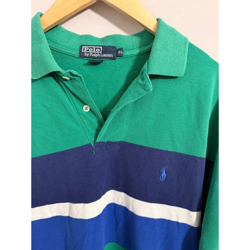Vintage 80s Polo Ralph Lauren‎ Polo Shirt Mens XL Green Blue Striped - Picture 2 of 4